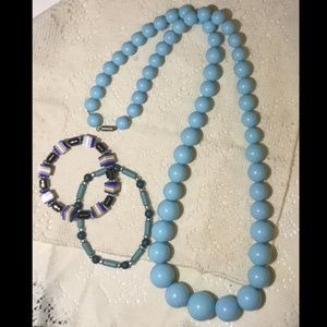 Vintage Baby Blue Bead Necklace & 2~Colorful Beaded Braclets